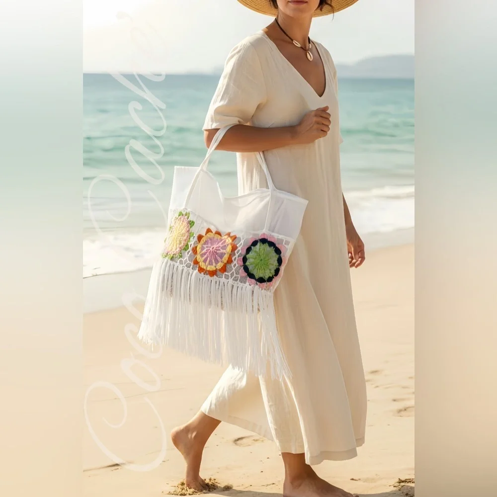Bohemian Tote Beach Bag Crochet Flower Detail Fringe Tassels Casual Boho Purse